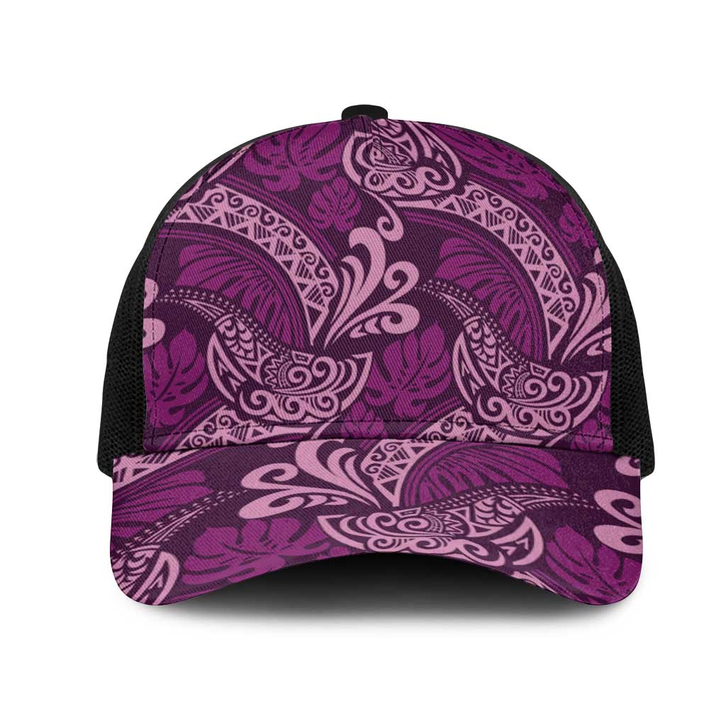 Royal Purple Monstera Mesh Trucker Cap Polynesian Tribal Pattern - Polynesian Pride