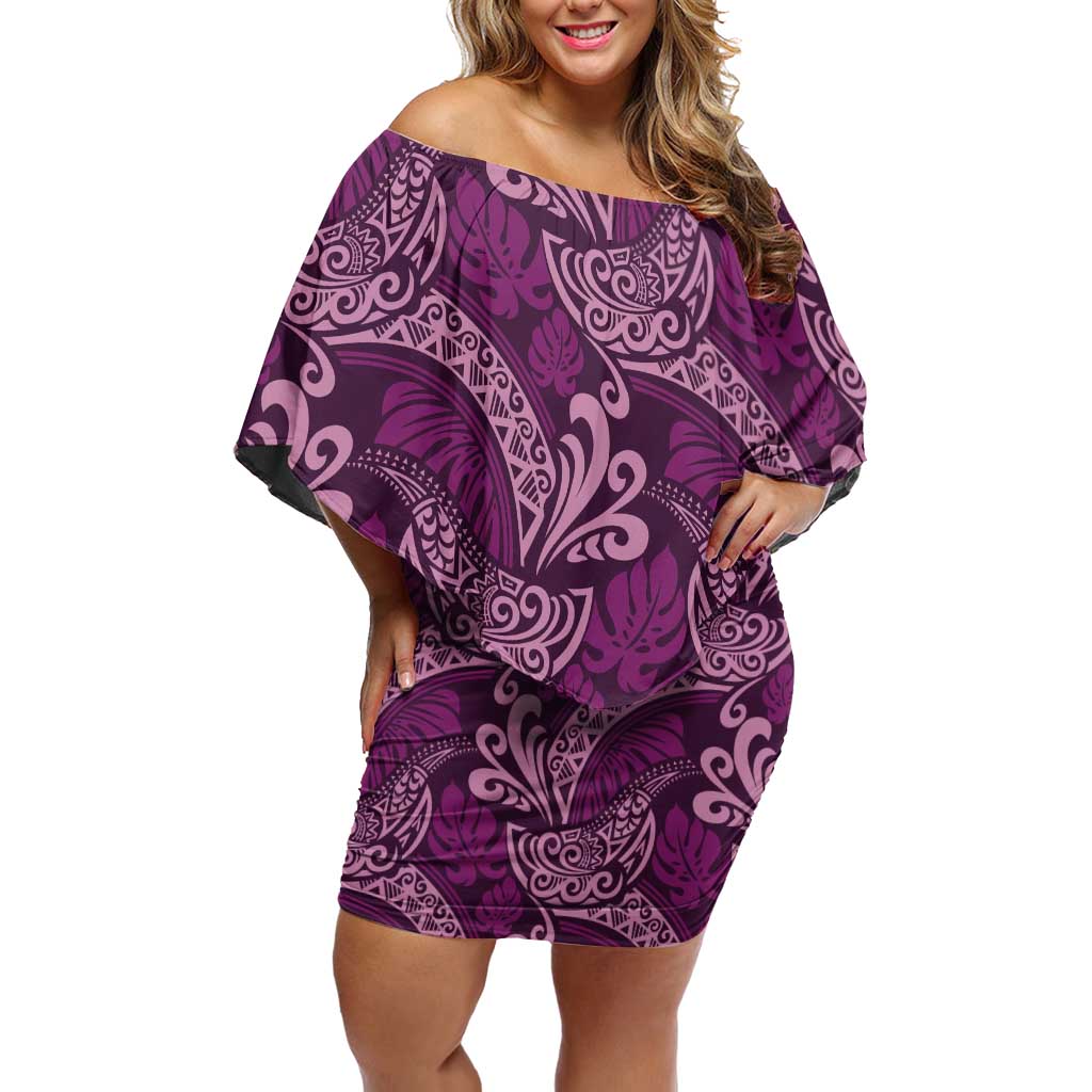 Royal Purple Monstera Off Shoulder Short Dress Polynesian Tribal Pattern - Polynesian Pride