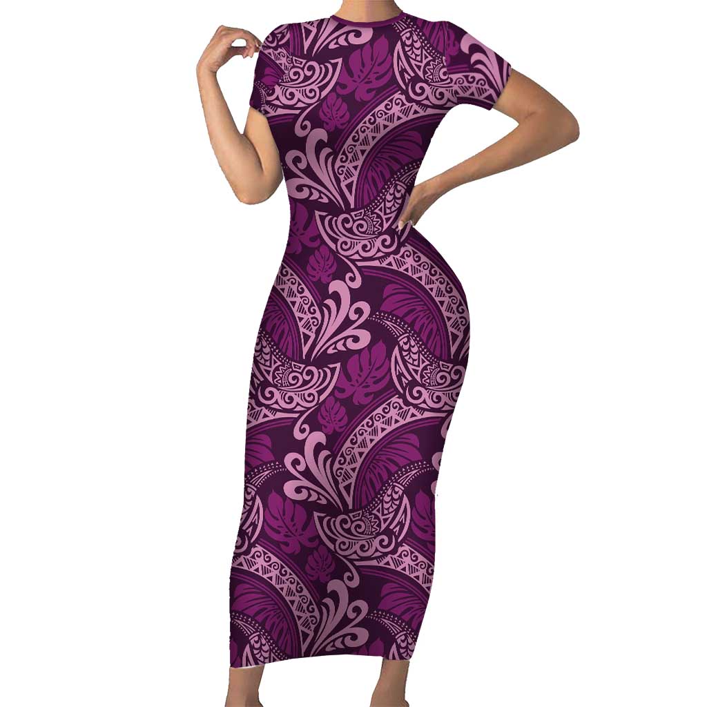 Royal Purple Monstera Short Sleeve Bodycon Dress Polynesian Tribal Pattern LT01 Long Dress Purple - Polynesian Pride