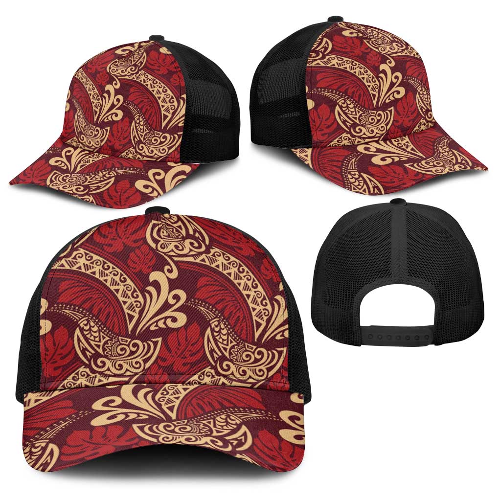 Luxury Red Monstera Baseball Net Cap Polynesian Tribal Pattern - Polynesian Pride