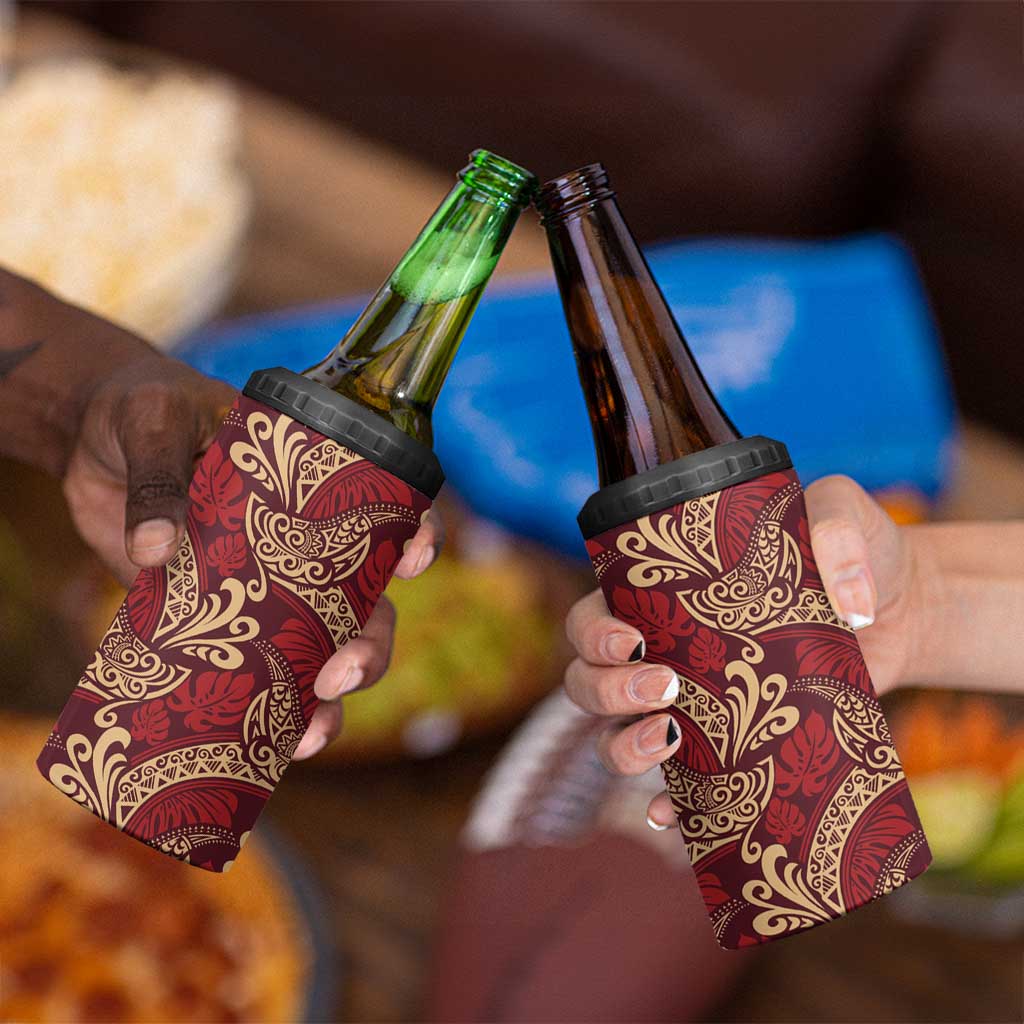 Luxury Red Monstera 4 in 1 Can Cooler Tumbler Polynesian Tribal Pattern - Polynesian Pride