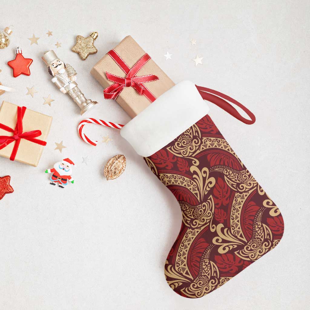 Luxury Red Monstera Christmas Stocking Polynesian Tribal Pattern - Polynesian Pride