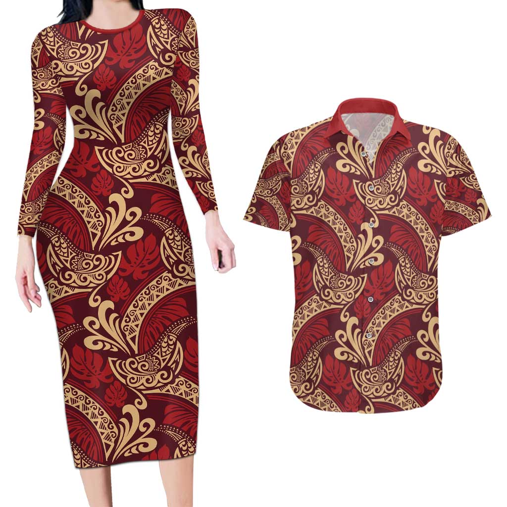 Luxury Red Monstera Couples Matching Long Sleeve Bodycon Dress and Hawaiian Shirt Polynesian Tribal Pattern LT01 Red - Polynesian Pride