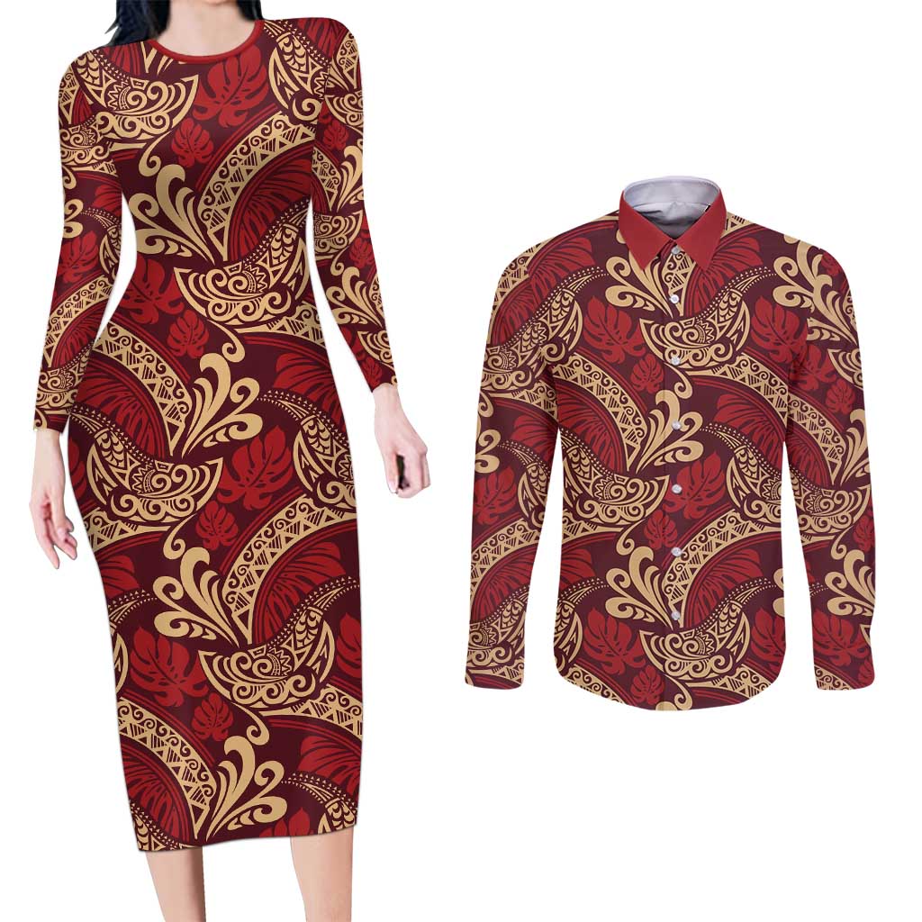 Luxury Red Monstera Couples Matching Long Sleeve Bodycon Dress and Long Sleeve Button Shirt Polynesian Tribal Pattern LT01 Red - Polynesian Pride