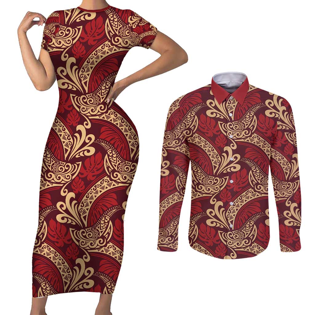 Luxury Red Monstera Couples Matching Short Sleeve Bodycon Dress and Long Sleeve Button Shirt Polynesian Tribal Pattern LT01 Red - Polynesian Pride