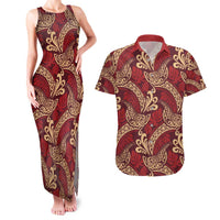 Luxury Red Monstera Couples Matching Tank Maxi Dress and Hawaiian Shirt Polynesian Tribal Pattern - Polynesian Pride