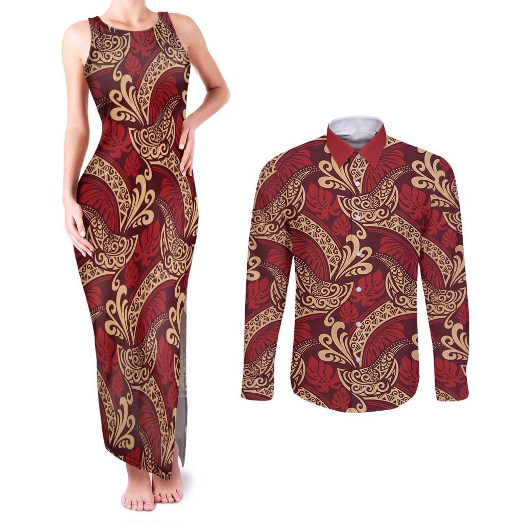 Luxury Red Monstera Couples Matching Tank Maxi Dress and Long Sleeve Button Shirt Polynesian Tribal Pattern LT01 Red - Polynesian Pride