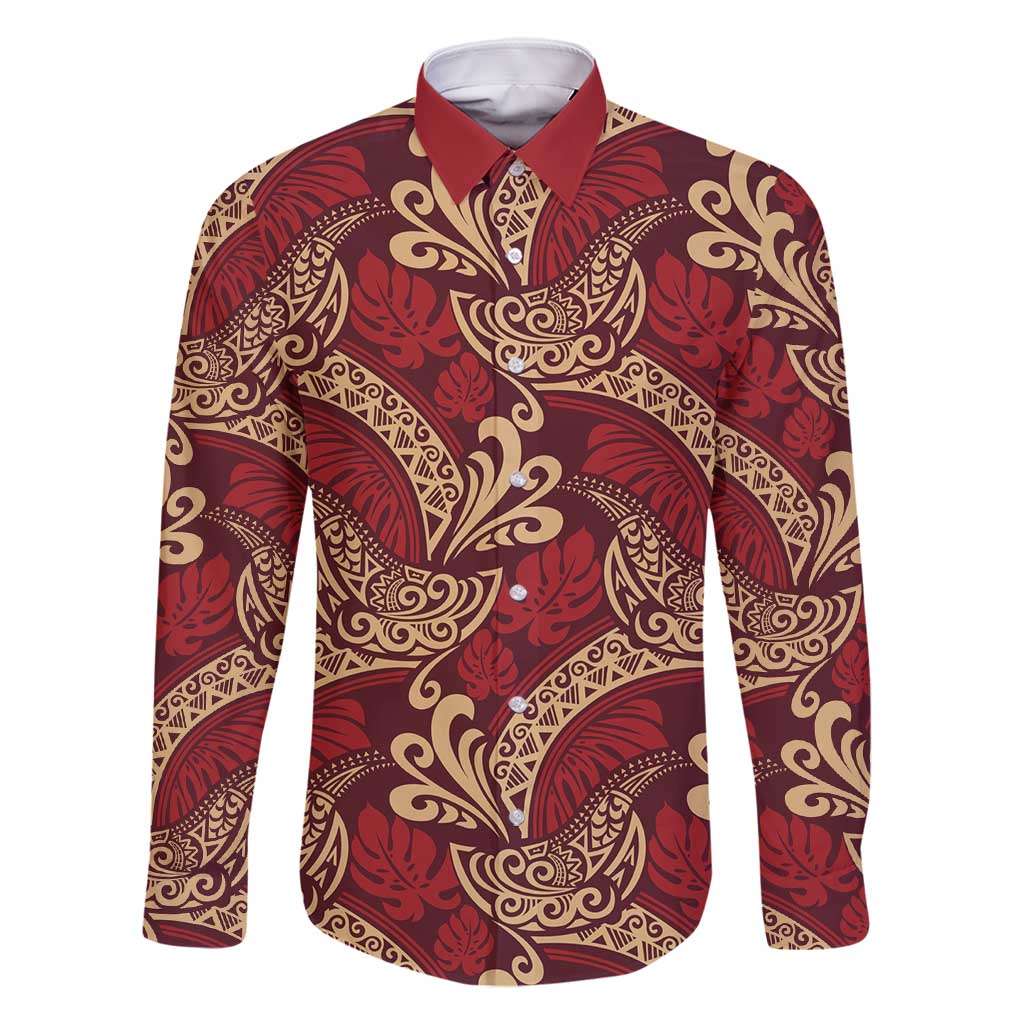 Luxury Red Monstera Family Matching Long Sleeve Bodycon Dress and Hawaiian Shirt Polynesian Tribal Pattern - Polynesian Pride