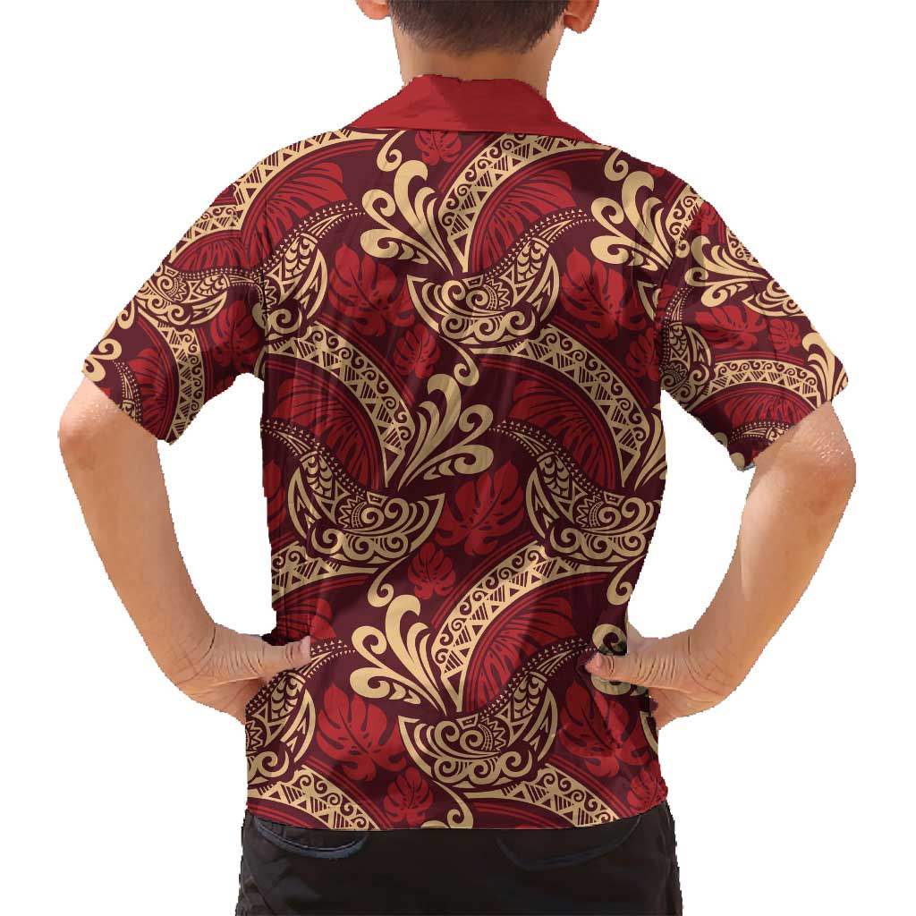 Luxury Red Monstera Family Matching Summer Maxi Dress and Hawaiian Shirt Polynesian Tribal Pattern - Polynesian Pride