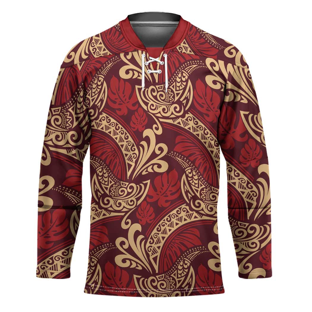 Luxury Red Monstera Hockey Jersey Polynesian Tribal Pattern - Polynesian Pride