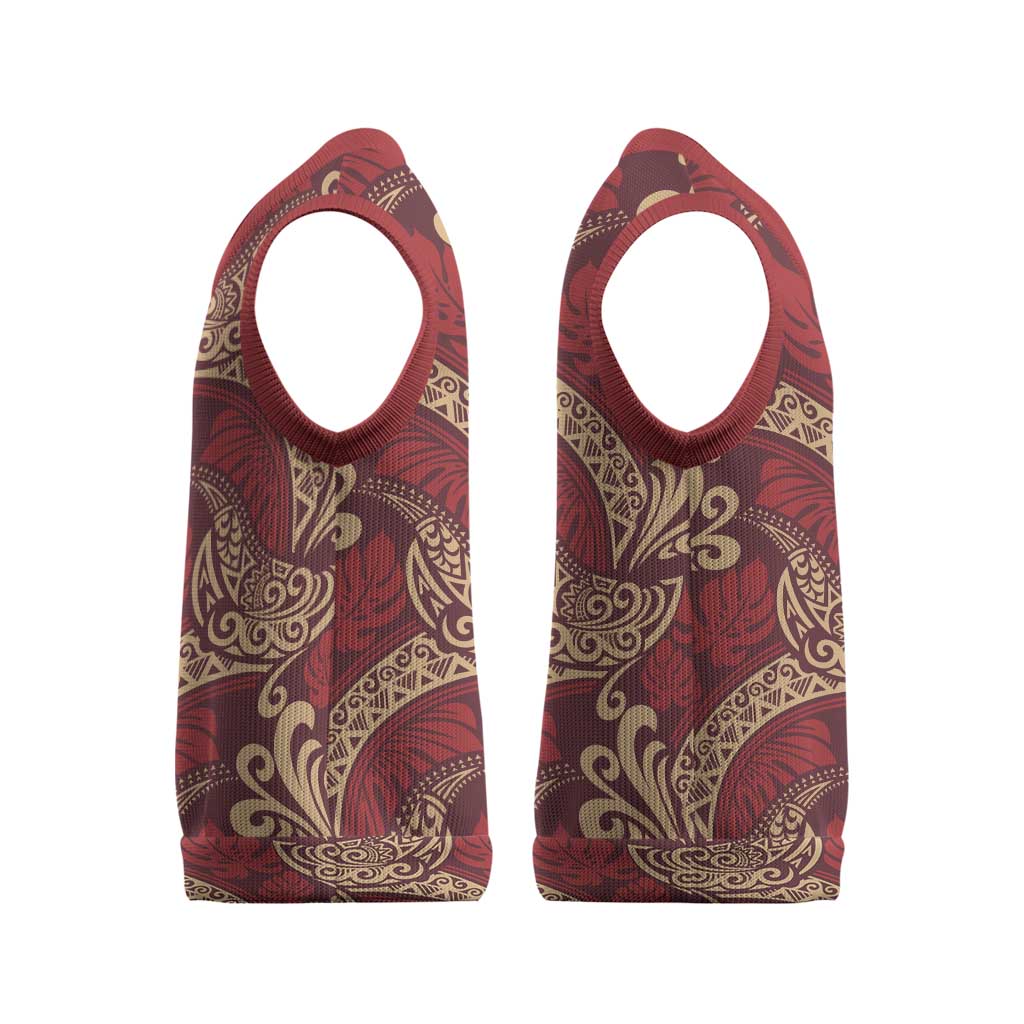 Luxury Red Monstera Christmas Knitted V-Neck Vest Polynesian Tribal Pattern - Polynesian Pride