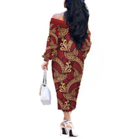 Luxury Red Monstera Off The Shoulder Long Sleeve Dress Polynesian Tribal Pattern - Polynesian Pride