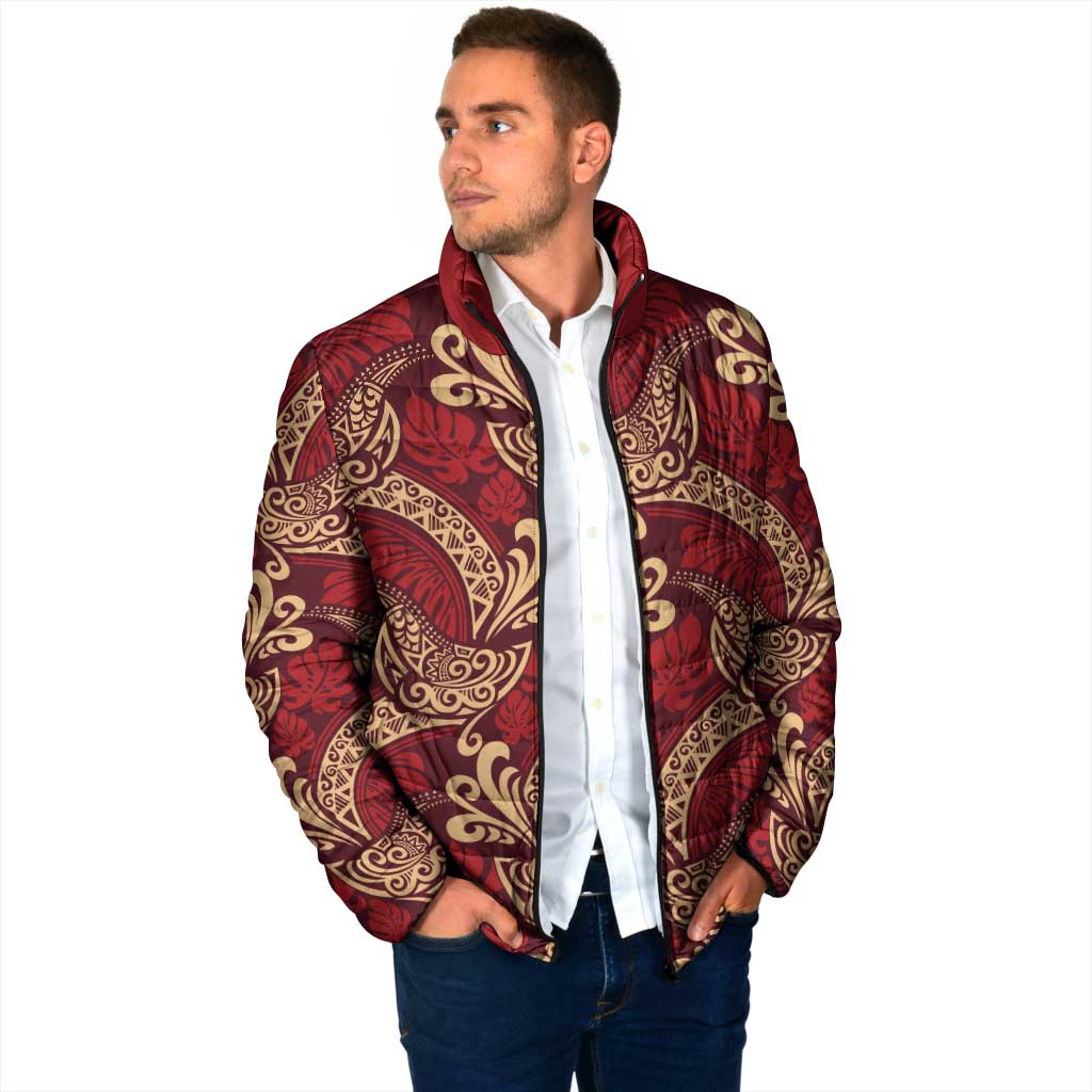 Luxury Red Monstera Padded Jacket Polynesian Tribal Pattern LT01 - Polynesian Pride