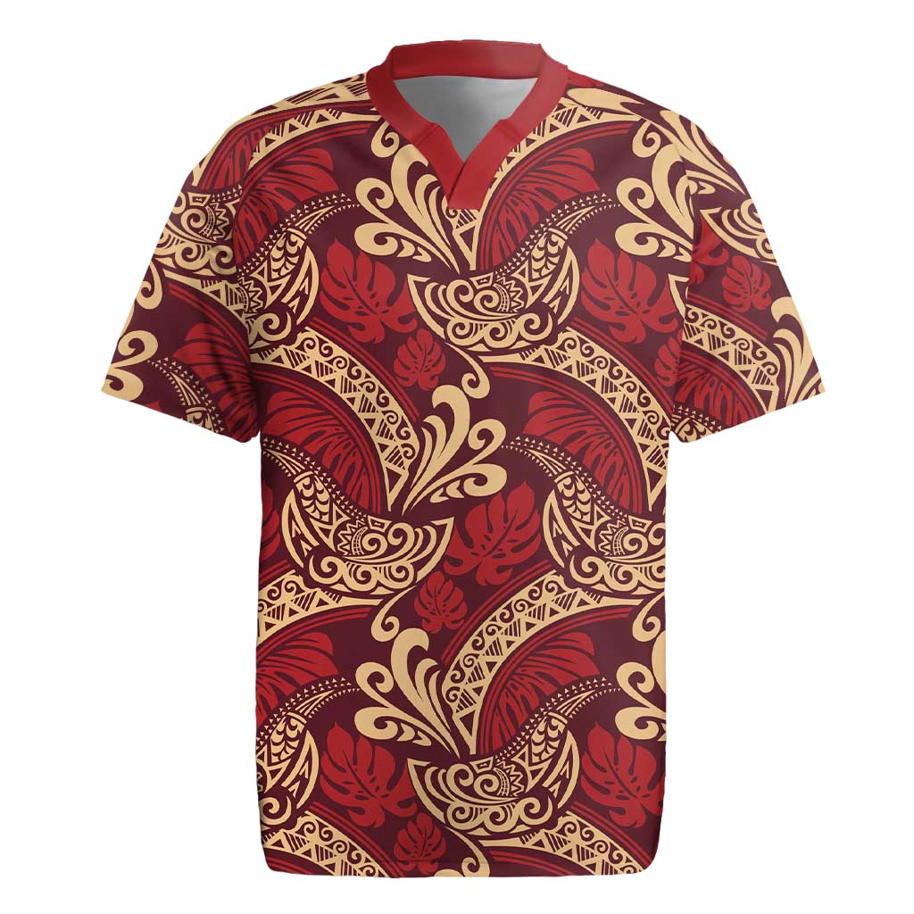 Luxury Red Monstera Rugby Jersey Polynesian Tribal Pattern LT01 Red - Polynesian Pride