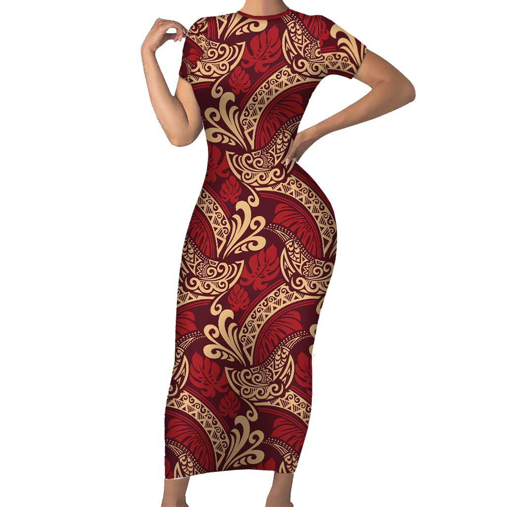 Luxury Red Monstera Short Sleeve Bodycon Dress Polynesian Tribal Pattern - Polynesian Pride
