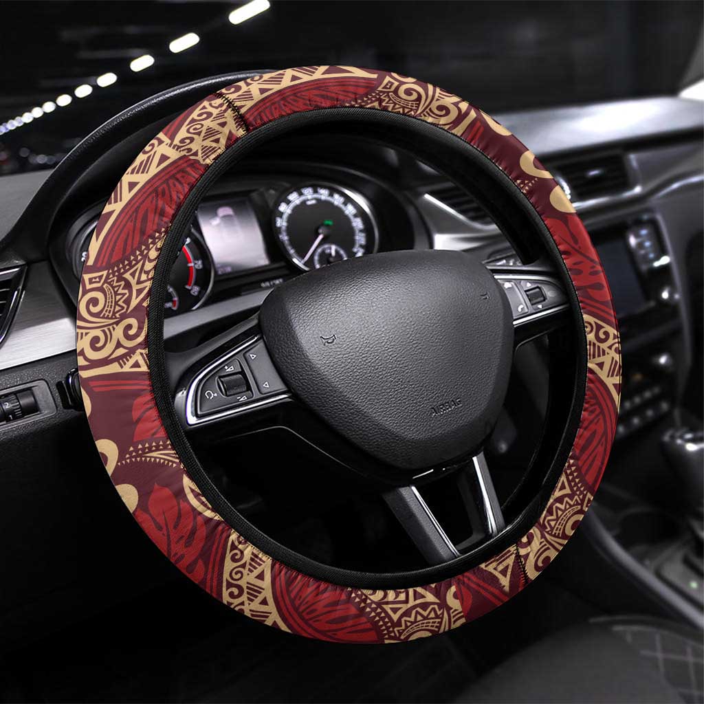 Luxury Red Monstera Steering Wheel Cover Polynesian Tribal Pattern LT01 Universal Fit Red - Polynesian Pride