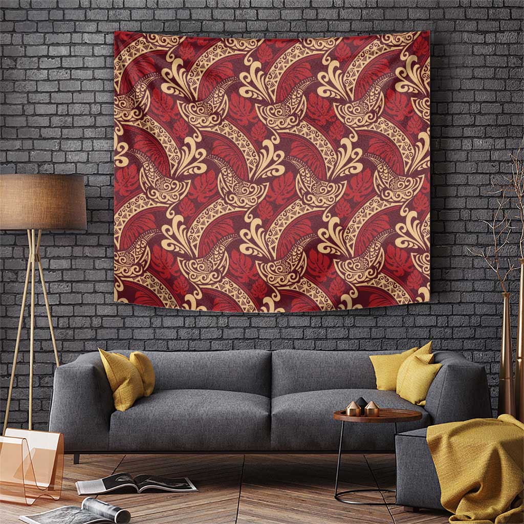 Luxury Red Monstera Tapestry Polynesian Tribal Pattern - Polynesian Pride
