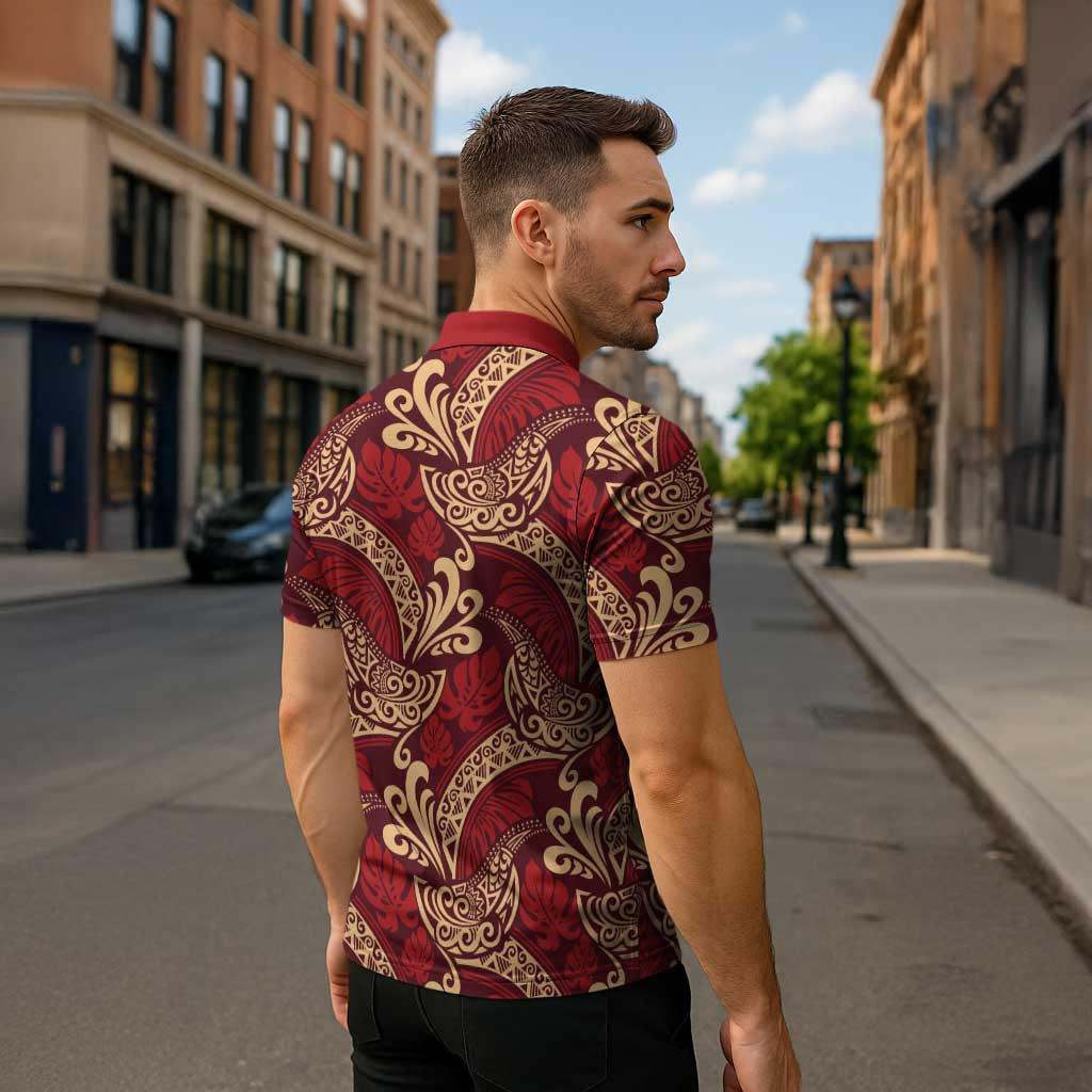 Luxury Red Monstera Zipper Polo Shirt Polynesian Tribal Pattern - Polynesian Pride