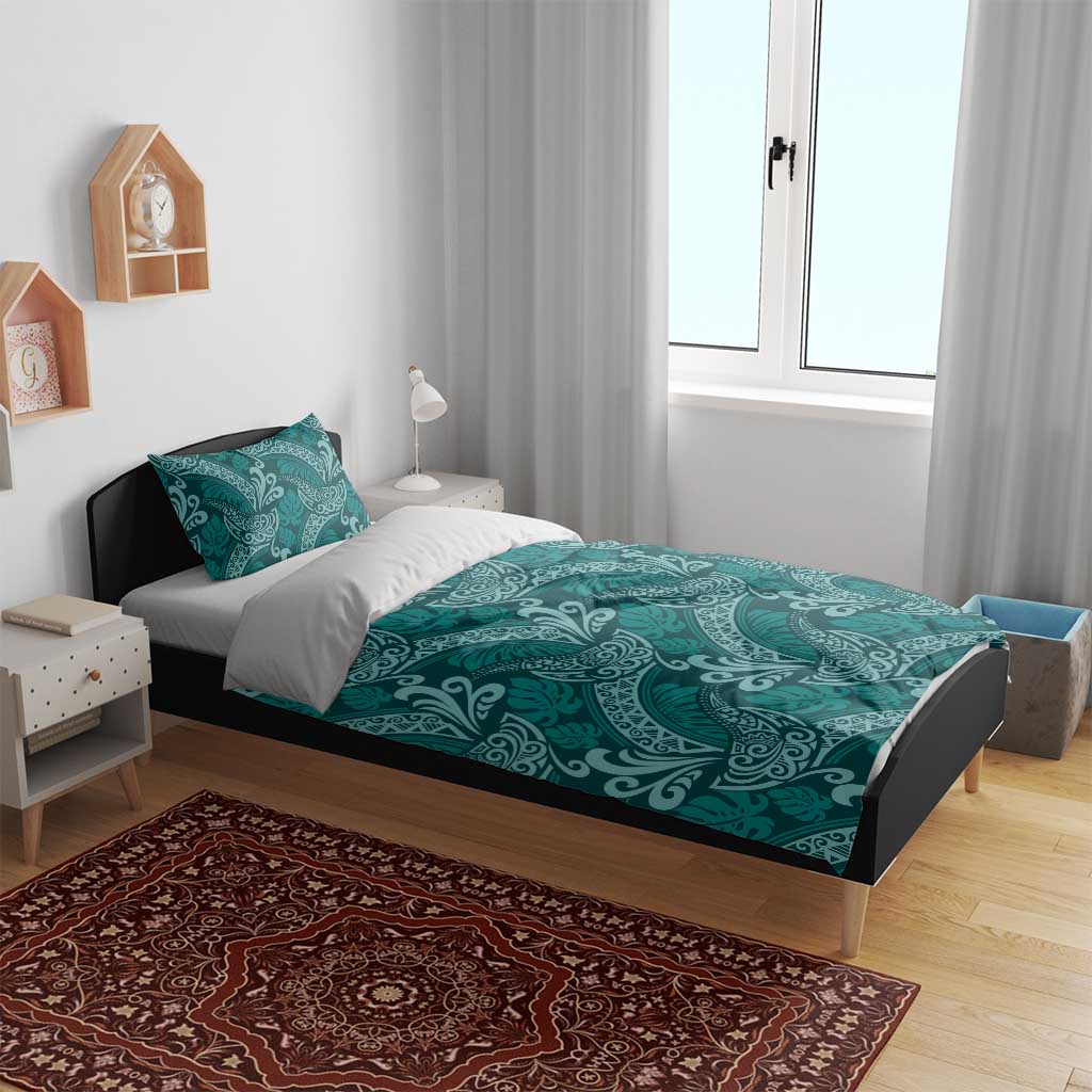 Teal Monstera Bedding Set Polynesian Tribal Pattern - Polynesian Pride