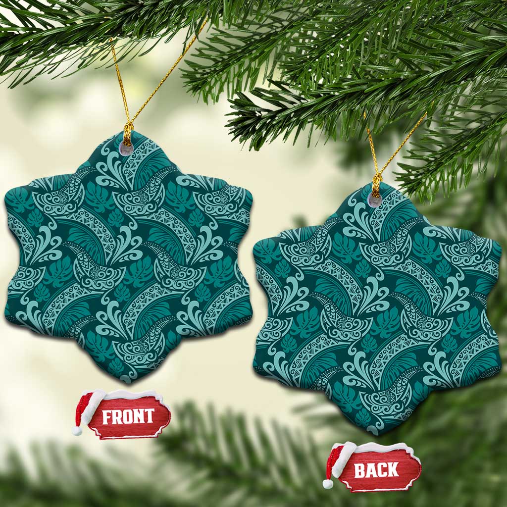 Teal Monstera Ceramic Ornament Polynesian Tribal Pattern - Polynesian Pride