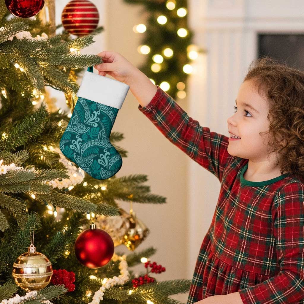 Teal Monstera Christmas Stocking Polynesian Tribal Pattern - Polynesian Pride
