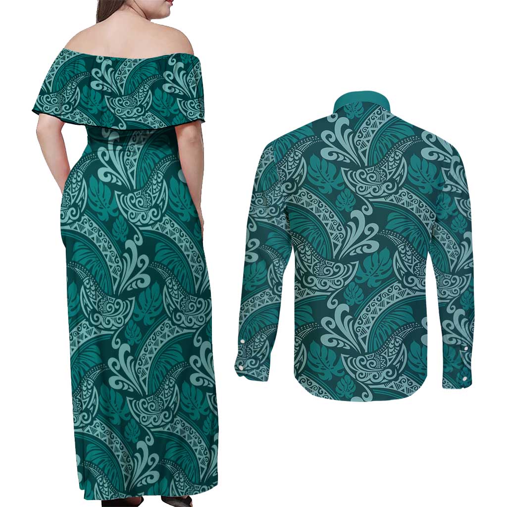 Teal Monstera Couples Matching Off Shoulder Maxi Dress and Long Sleeve Button Shirt Polynesian Tribal Pattern - Polynesian Pride