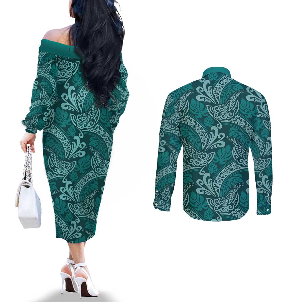 Teal Monstera Couples Matching Off The Shoulder Long Sleeve Dress and Long Sleeve Button Shirt Polynesian Tribal Pattern - Polynesian Pride