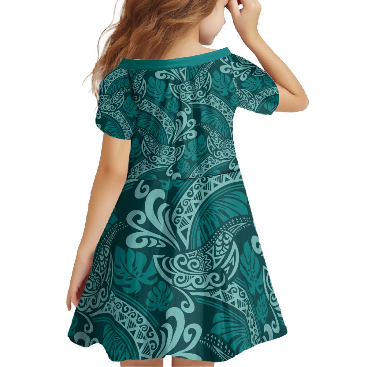 Teal Monstera Family Matching Off The Shoulder Long Sleeve Dress and Hawaiian Shirt Polynesian Tribal Pattern - Polynesian Pride