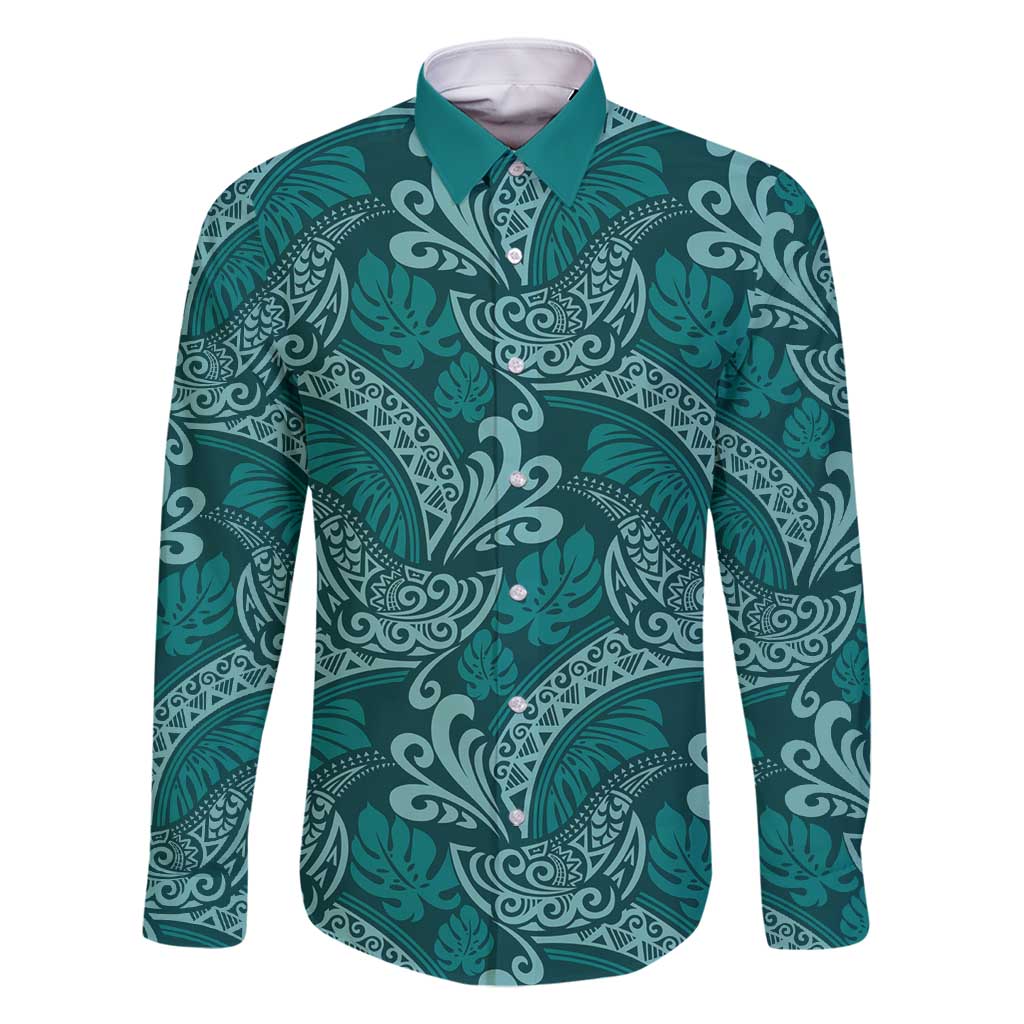 Teal Monstera Family Matching Off Shoulder Maxi Dress and Hawaiian Shirt Polynesian Tribal Pattern - Polynesian Pride