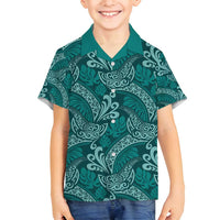 Teal Monstera Family Matching Off Shoulder Maxi Dress and Hawaiian Shirt Polynesian Tribal Pattern - Polynesian Pride