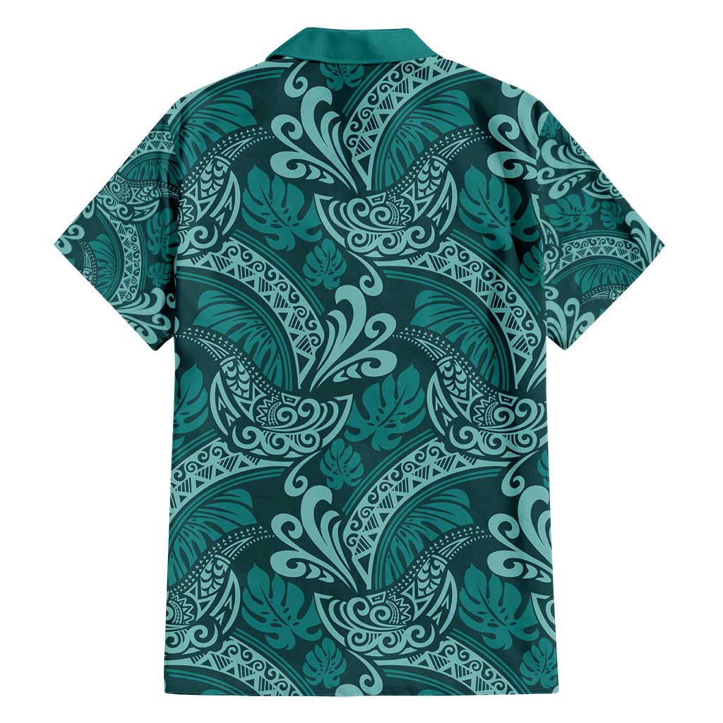 Teal Monstera Family Matching Off Shoulder Short Dress and Hawaiian Shirt Polynesian Tribal Pattern - Polynesian Pride