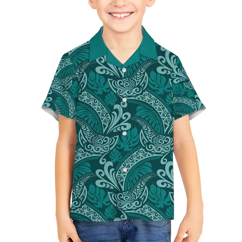 Teal Monstera Family Matching Off Shoulder Short Dress and Hawaiian Shirt Polynesian Tribal Pattern - Polynesian Pride