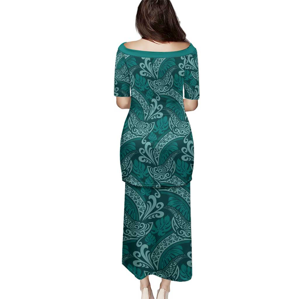 Teal Monstera Family Matching Puletasi and Hawaiian Shirt Polynesian Tribal Pattern - Polynesian Pride