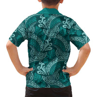 Teal Monstera Kid Hawaiian Shirt Polynesian Tribal Pattern - Polynesian Pride