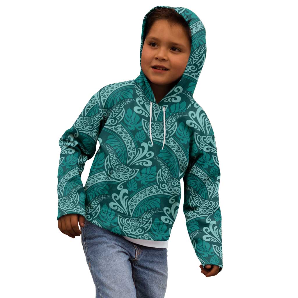 Teal Monstera Kid Hoodie Polynesian Tribal Pattern - Polynesian Pride