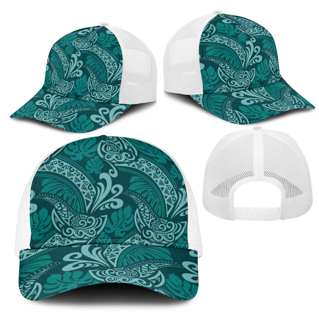 Teal Monstera Mesh Trucker Cap Polynesian Tribal Pattern - Polynesian Pride