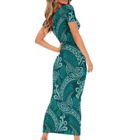 Teal Monstera Short Sleeve Bodycon Dress Polynesian Tribal Pattern - Polynesian Pride