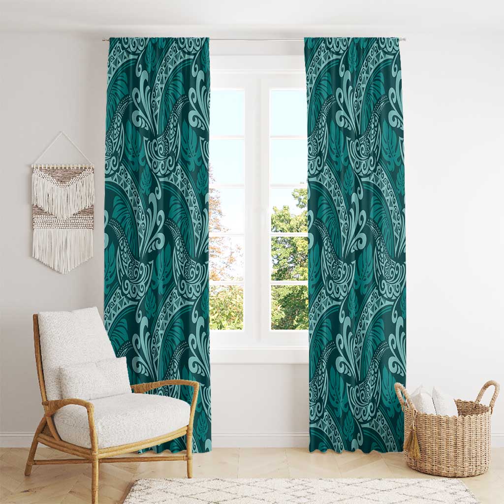 Teal Monstera Window Curtain Polynesian Tribal Pattern - Polynesian Pride