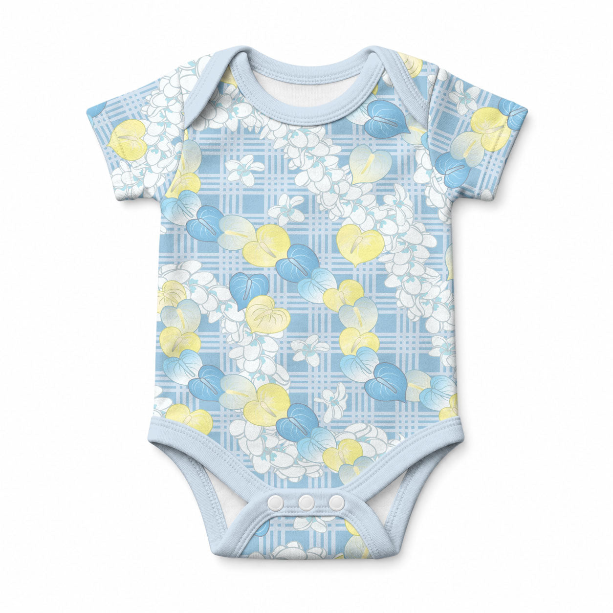 Anthurium Plumeria Lei Pastel Baby Onesie Blue Hawaiian Splendid Palaka LT01 Blue - Polynesian Pride