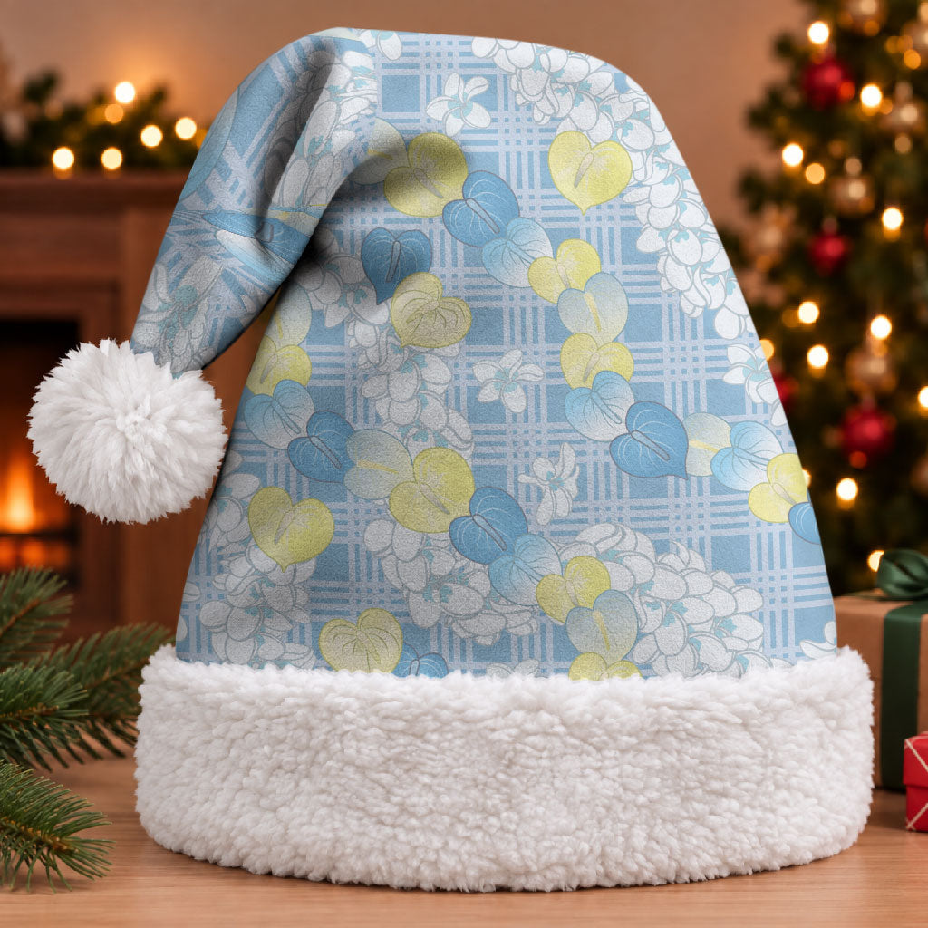 Anthurium Plumeria Lei Pastel Christmas Santa Hat Blue Hawaiian Splendid Palaka LT01 With Fur Blue - Polynesian Pride