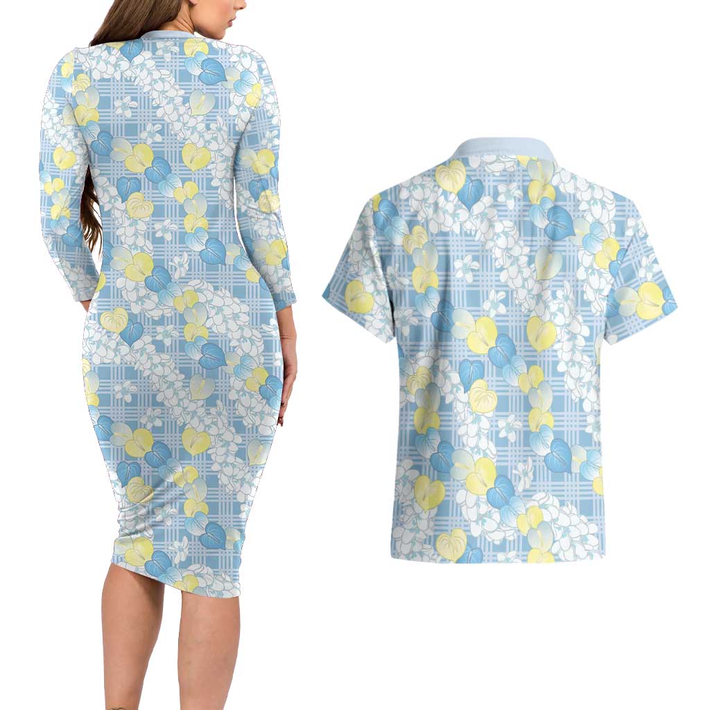 Anthurium Plumeria Lei Pastel Couples Matching Long Sleeve Bodycon Dress and Hawaiian Shirt Blue Hawaiian Splendid Palaka