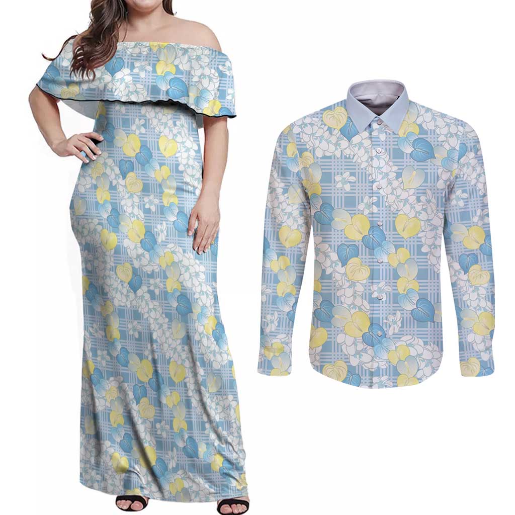 Anthurium Plumeria Lei Pastel Couples Matching Off Shoulder Maxi Dress and Long Sleeve Button Shirt Blue Hawaiian Splendid Palaka