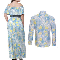 Anthurium Plumeria Lei Pastel Couples Matching Off Shoulder Maxi Dress and Long Sleeve Button Shirt Blue Hawaiian Splendid Palaka