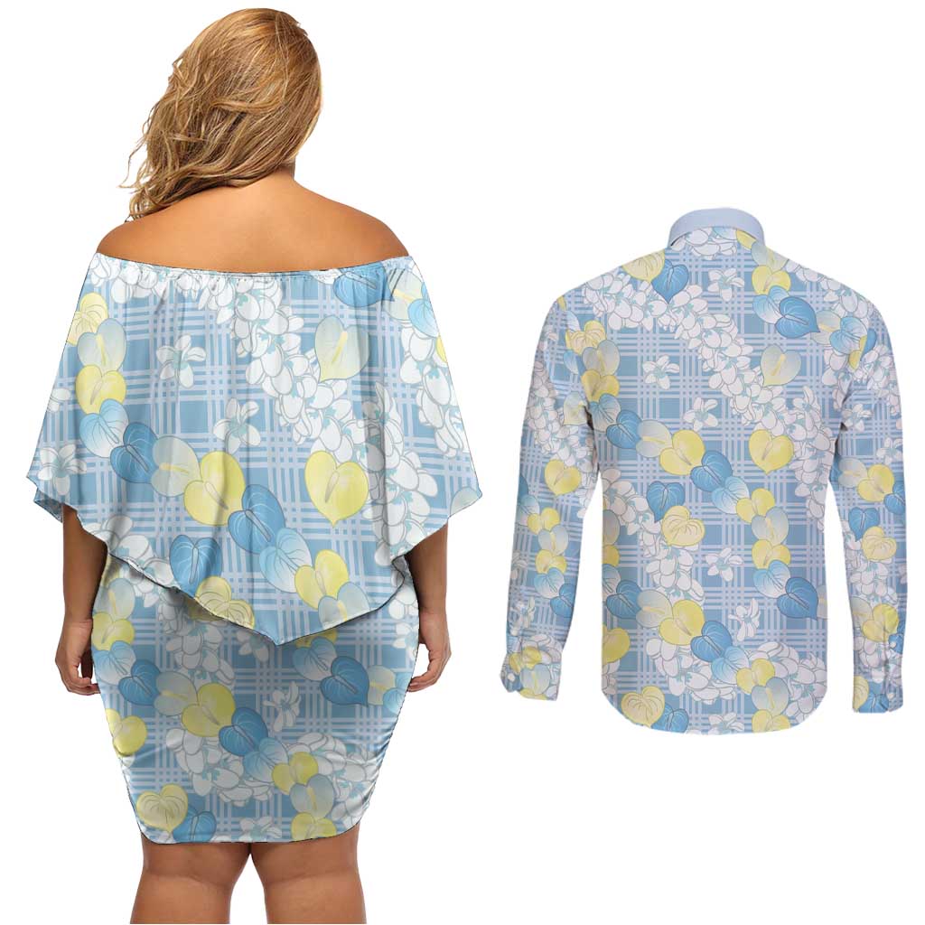 Anthurium Plumeria Lei Pastel Couples Matching Off Shoulder Short Dress and Long Sleeve Button Shirt Blue Hawaiian Splendid Palaka