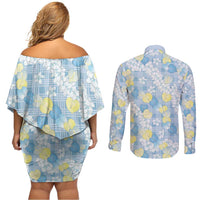 Anthurium Plumeria Lei Pastel Couples Matching Off Shoulder Short Dress and Long Sleeve Button Shirt Blue Hawaiian Splendid Palaka