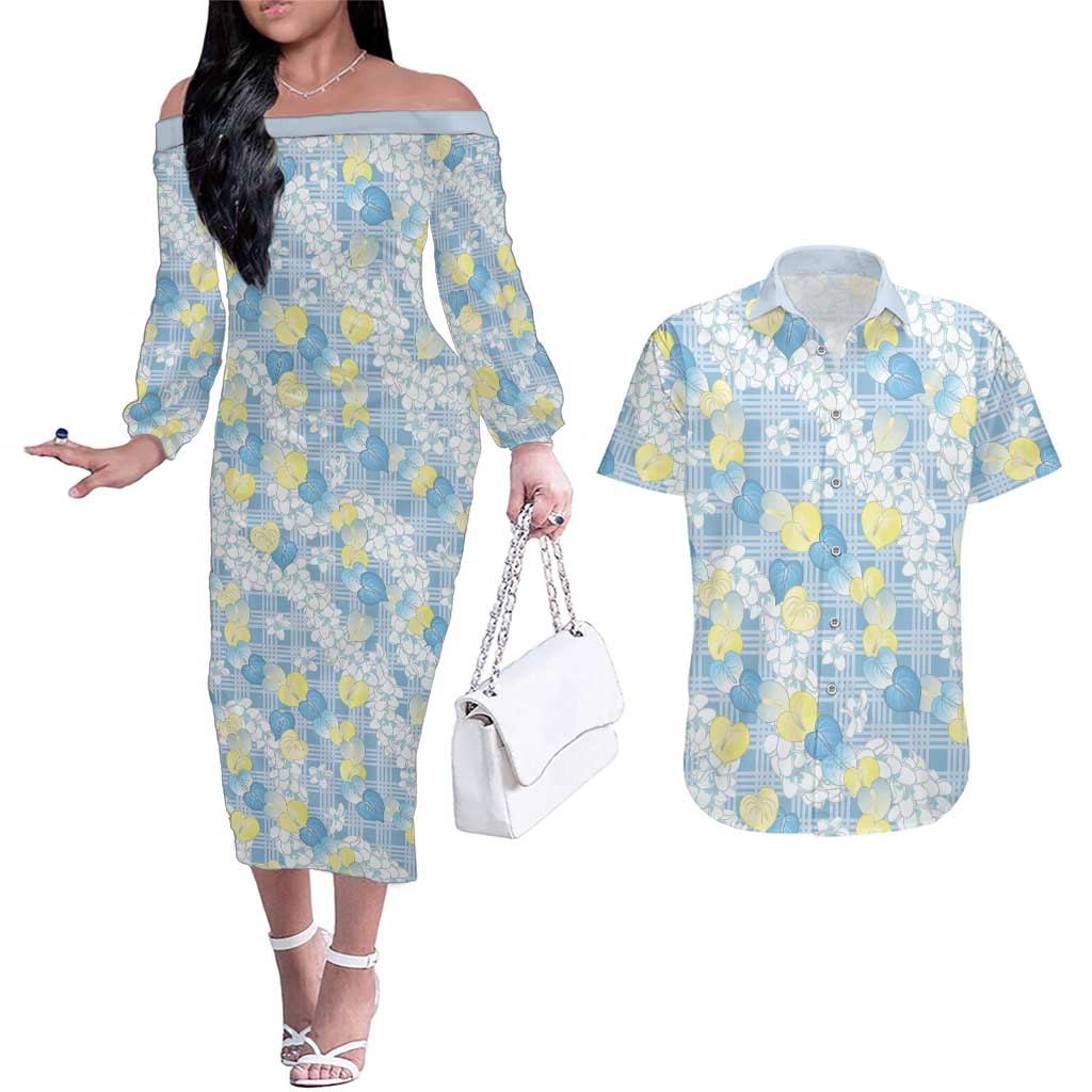 Anthurium Plumeria Lei Pastel Couples Matching Off The Shoulder Long Sleeve Dress and Hawaiian Shirt Blue Hawaiian Splendid Palaka LT01 Blue - Polynesian Pride