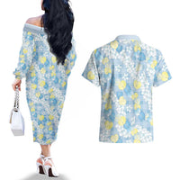 Anthurium Plumeria Lei Pastel Couples Matching Off The Shoulder Long Sleeve Dress and Hawaiian Shirt Blue Hawaiian Splendid Palaka LT01 - Polynesian Pride