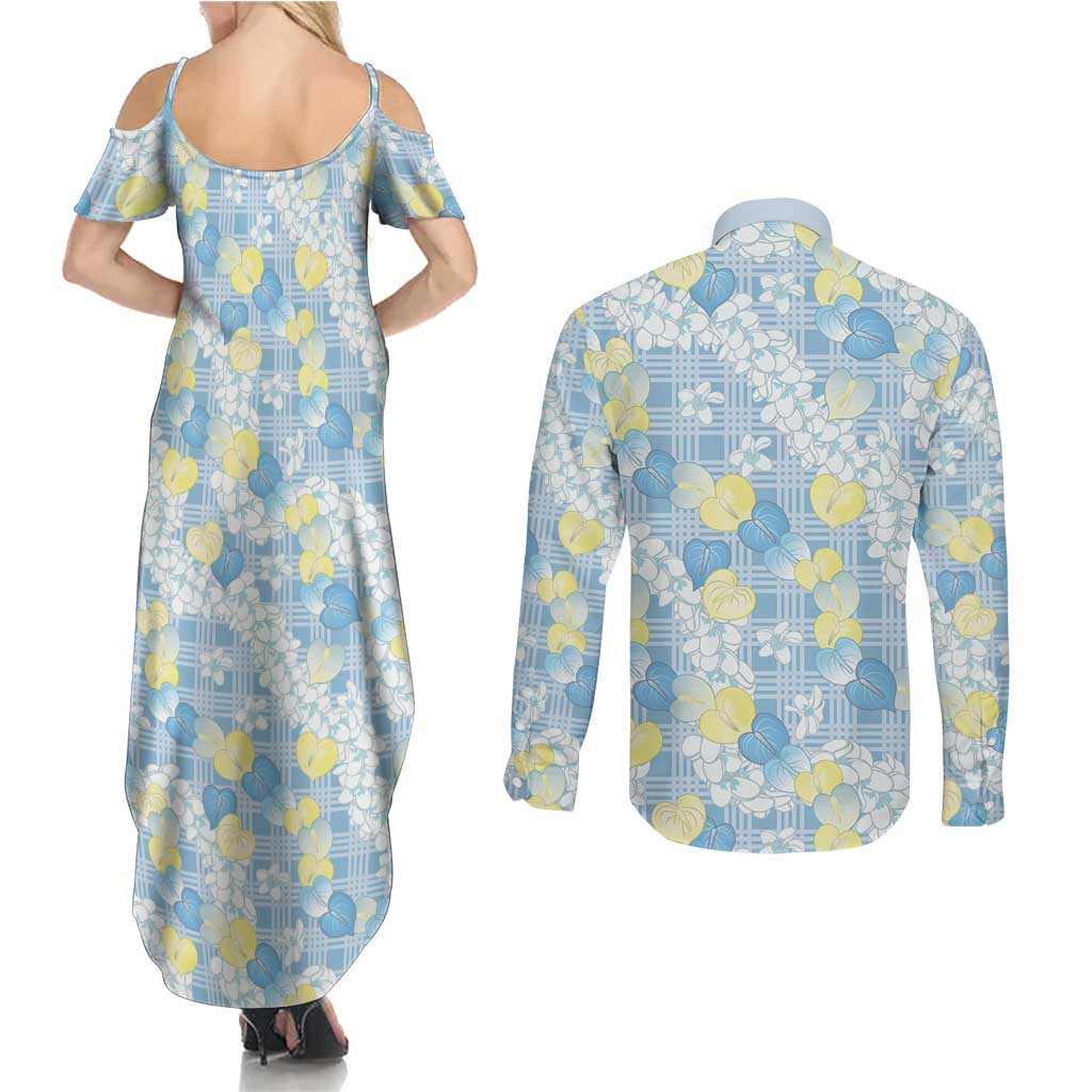 Anthurium Plumeria Lei Pastel Couples Matching Summer Maxi Dress and Long Sleeve Button Shirt Blue Hawaiian Splendid Palaka