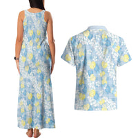 Anthurium Plumeria Lei Pastel Couples Matching Tank Maxi Dress and Hawaiian Shirt Blue Hawaiian Splendid Palaka