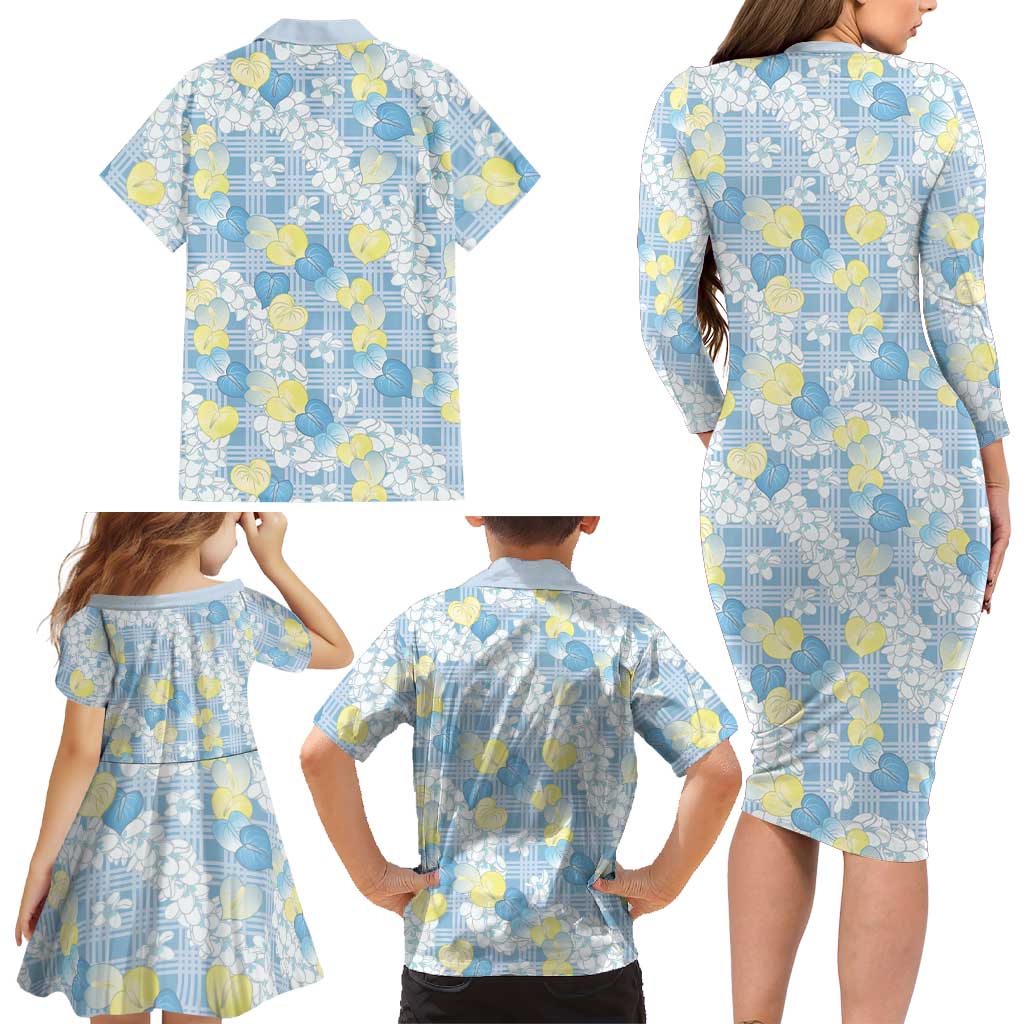 Anthurium Plumeria Lei Pastel Family Matching Long Sleeve Bodycon Dress and Hawaiian Shirt Blue Hawaiian Splendid Palaka LT01 - Polynesian Pride